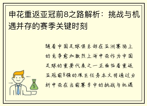 申花重返亚冠前8之路解析：挑战与机遇并存的赛季关键时刻