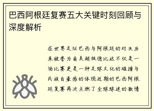 巴西阿根廷复赛五大关键时刻回顾与深度解析